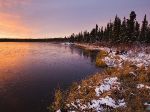 Small lake at sunrise beginning to freeze, Yukon, Canada