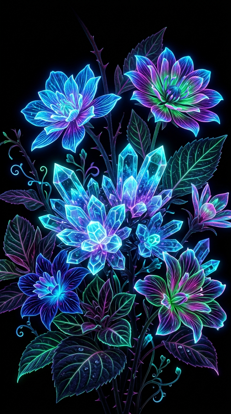 טפט לאייפון 16 פרו 4K – פרחי קריסטל זוהרים בחושך OLED