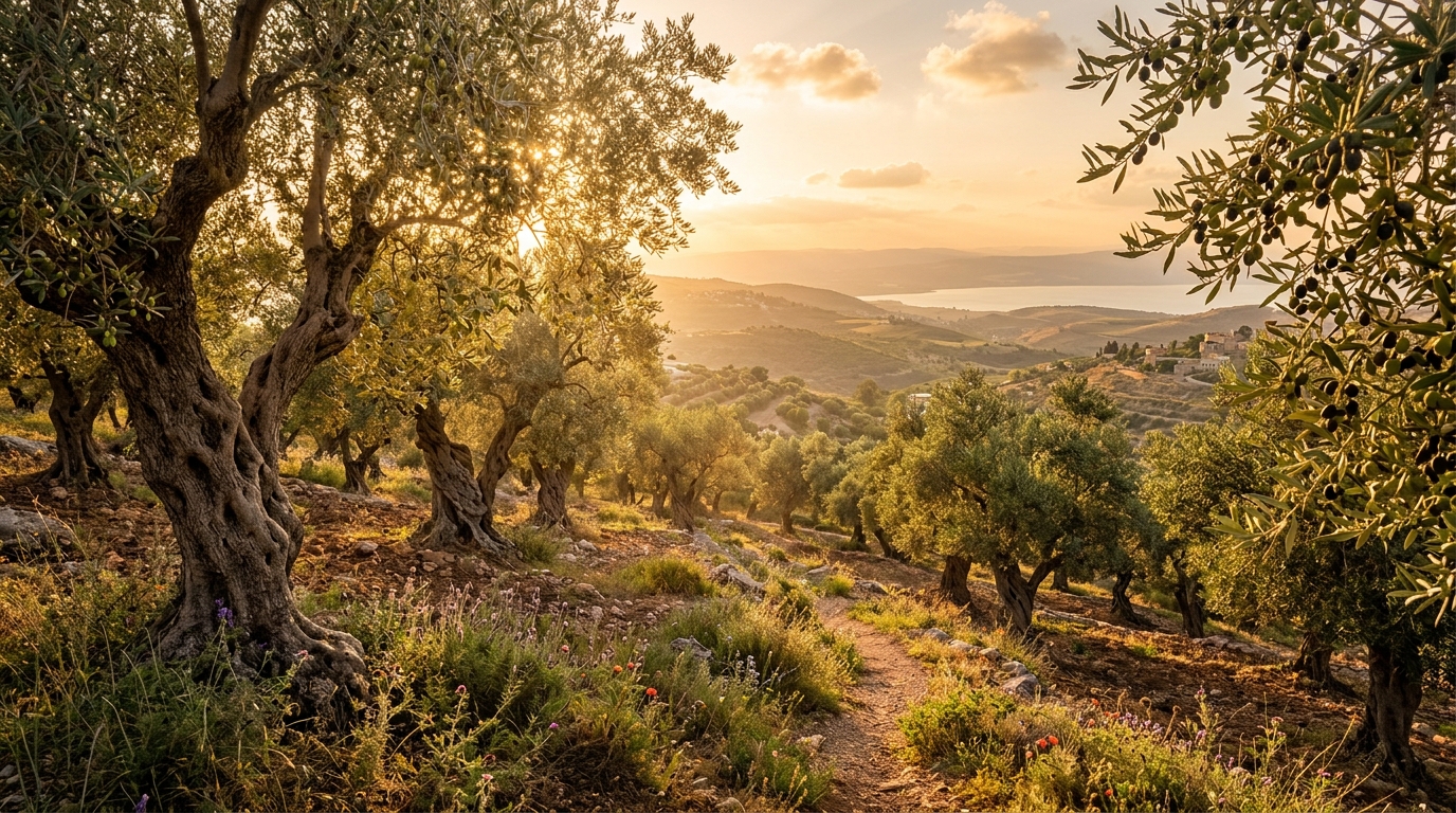 מטע עצי זית עתיקים 4K הרי הגליל בשעת שקיעה מוזהבת