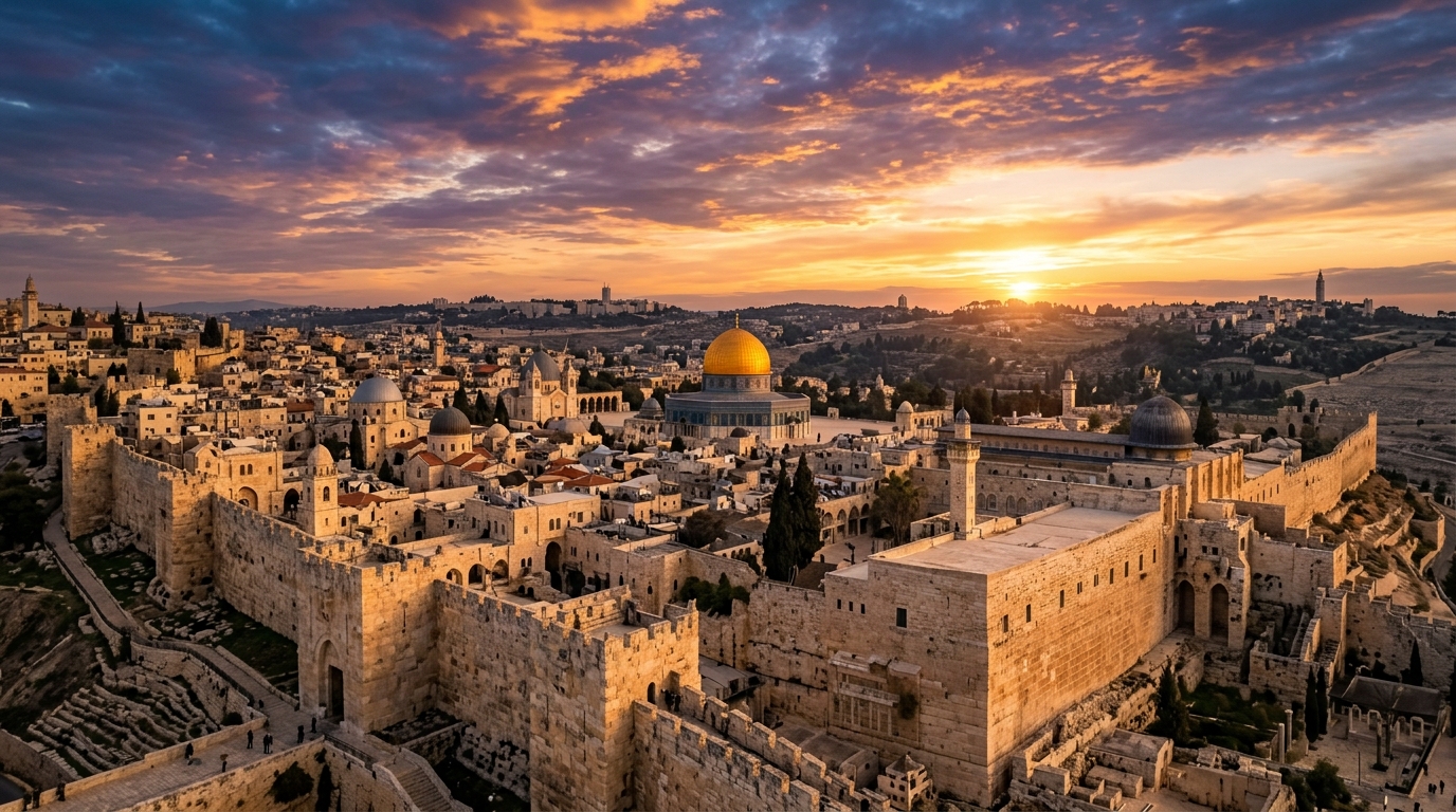 ירושלים של זהב 4K שקיעה פנורמית מעל חומות העיר העתיקה
