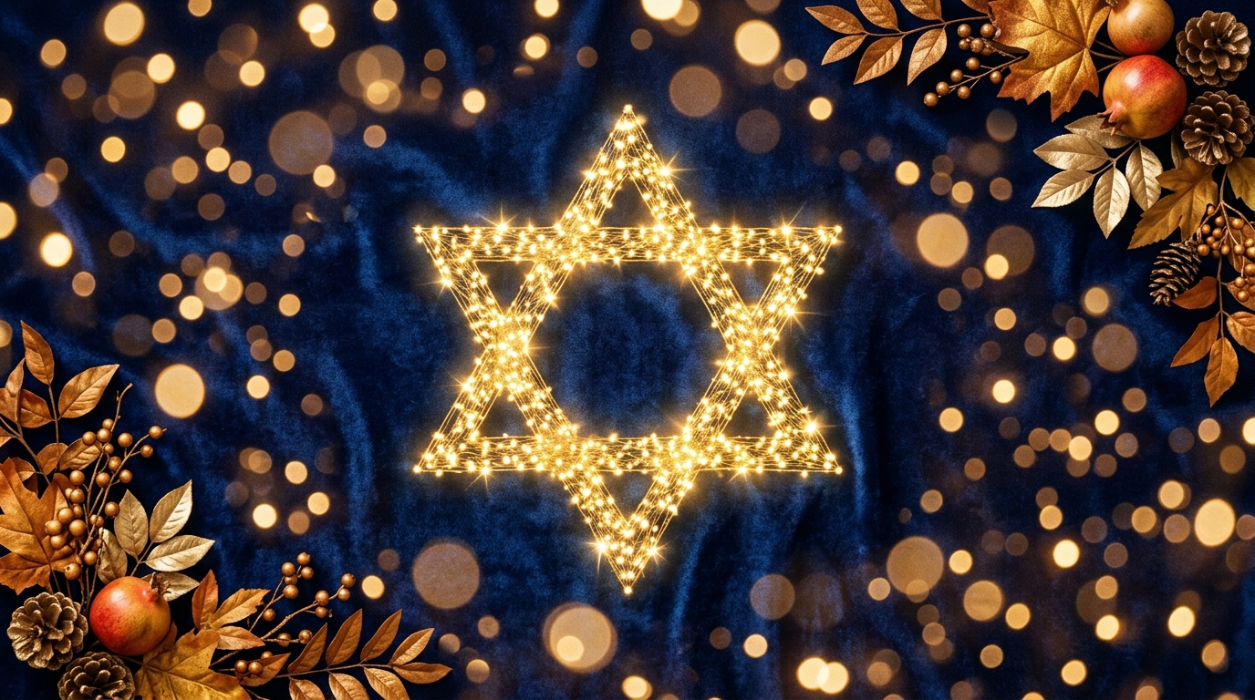 מגן דוד מוזהב באורות חג 4K רקע חגיגי מנצנץ לשנה טובה