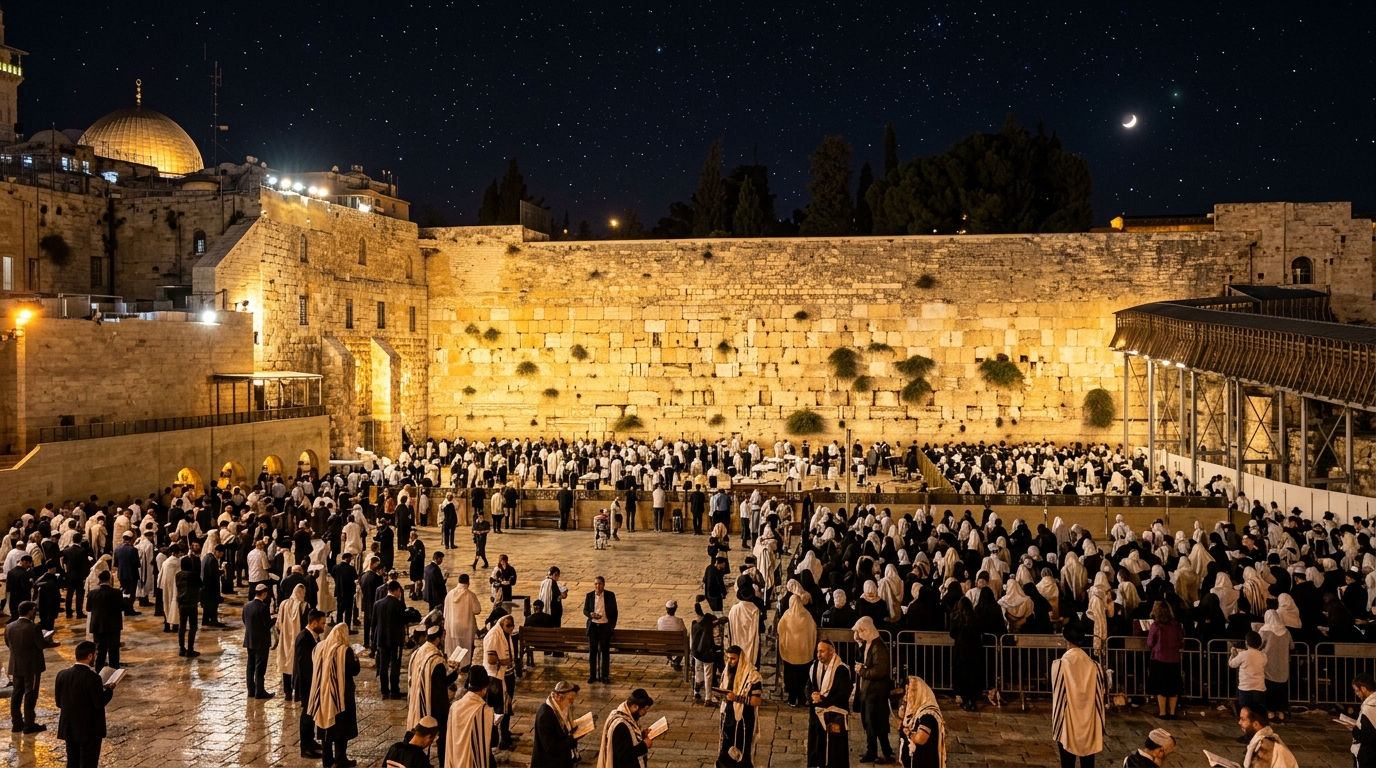 הכותל המערבי בלילה 4K תפילת חג וסליחות מוארות בירושלים