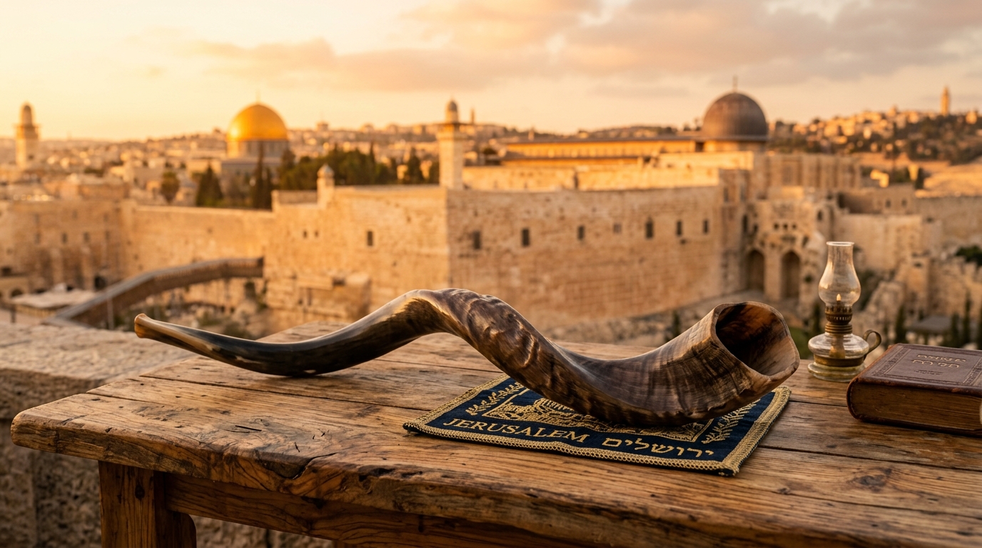 שופר תימני מסולסל 4K שופר ארוך ומפואר בירושלים בשקיעה