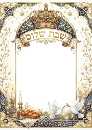 כתר שבת מוזהב – זוג נרות חגיגיים, יונים וסרטי מלכות
